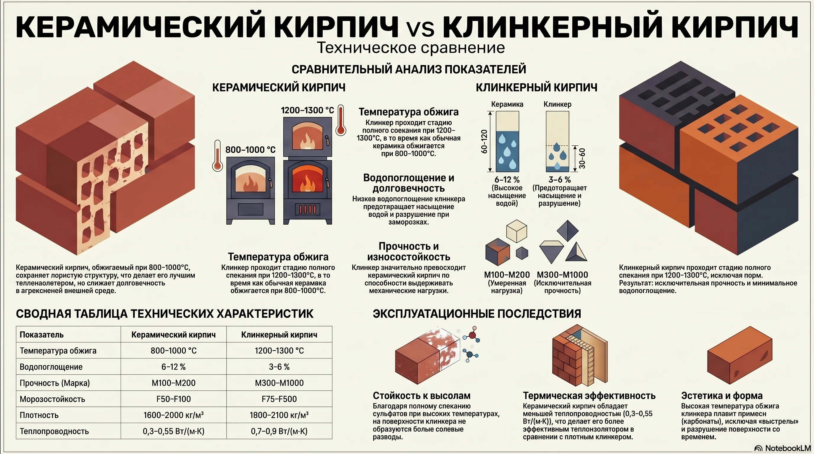 Инфографика: сравнение технических характеристик керамического и клинкерного кирпича — водопоглощение, прочность, морозостойкость, температура обжига