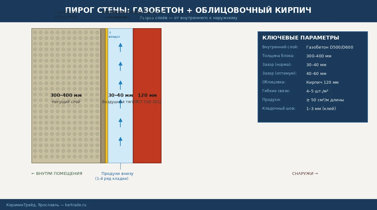 Пирог стены: разрез с газобетоном, вентзазором и облицовочным кирпичом