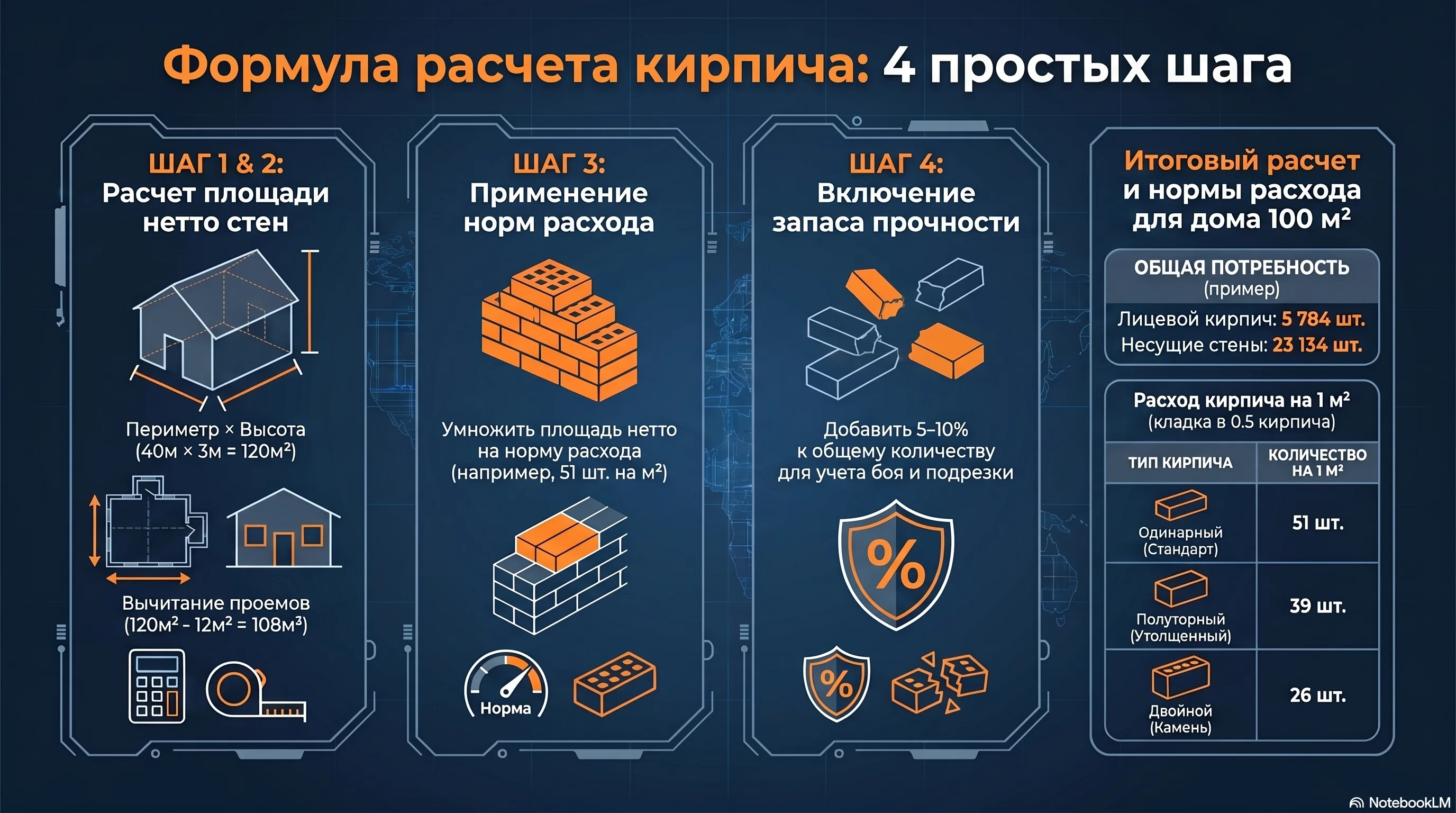 Формула расчёта кирпича на дом 100 м² за 4 шага и таблица расхода на 1 м² кладки