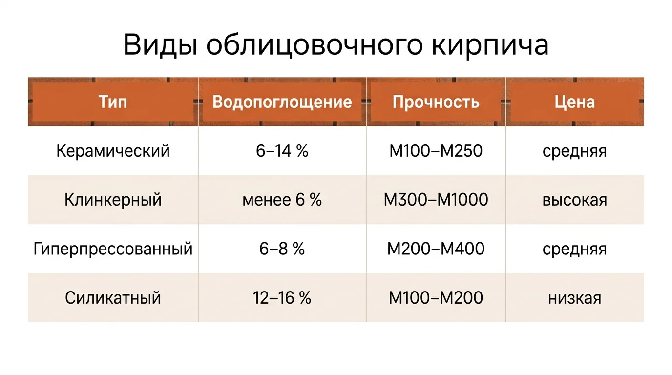 Виды облицовочного кирпича: сравнительная таблица характеристик
