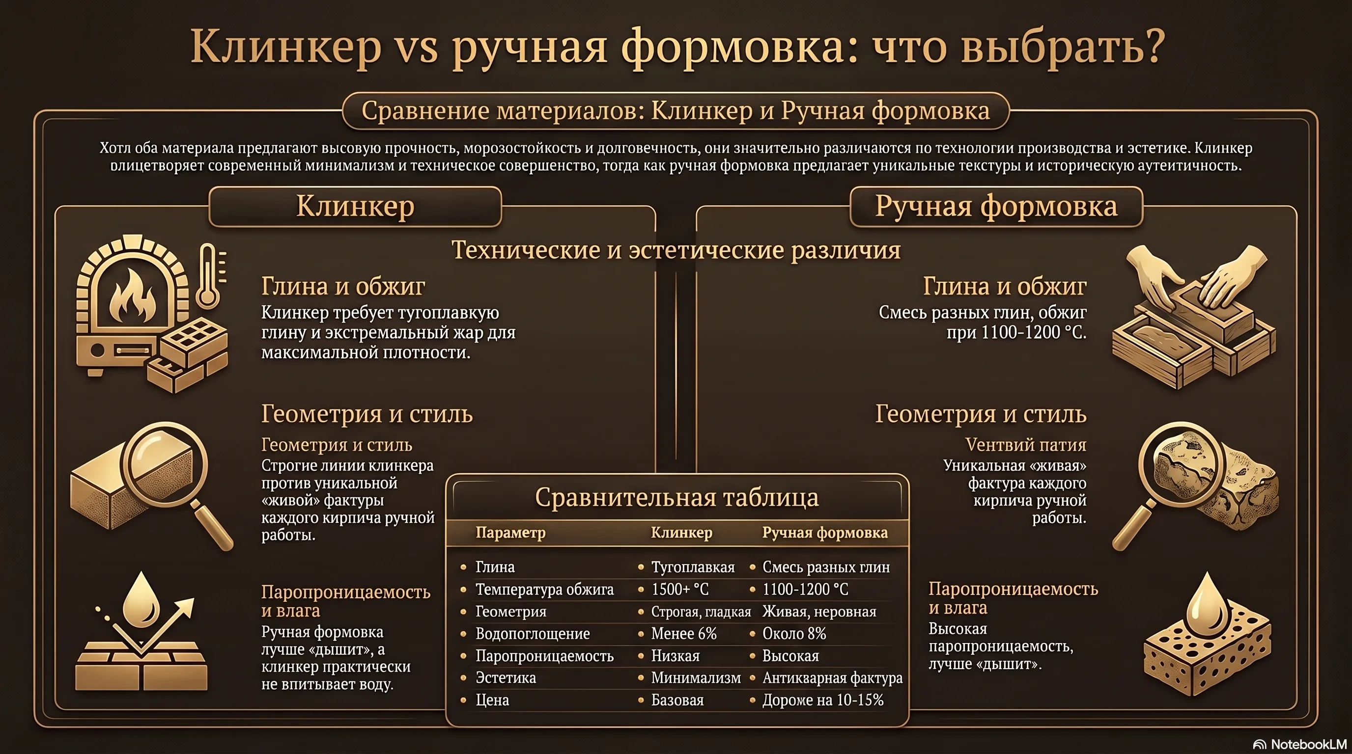 Сравнение клинкера и кирпича ручной формовки: глина, температура, геометрия, водопоглощение, эстетика